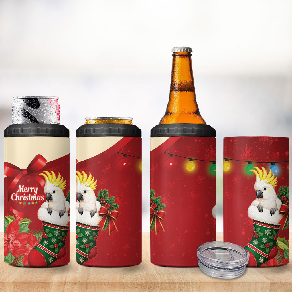 Sulphur-crested Cockatoo Christmas Australia 4 in 1 Can Cooler Tumbler Aussie Xmas Sock Coquette Bow