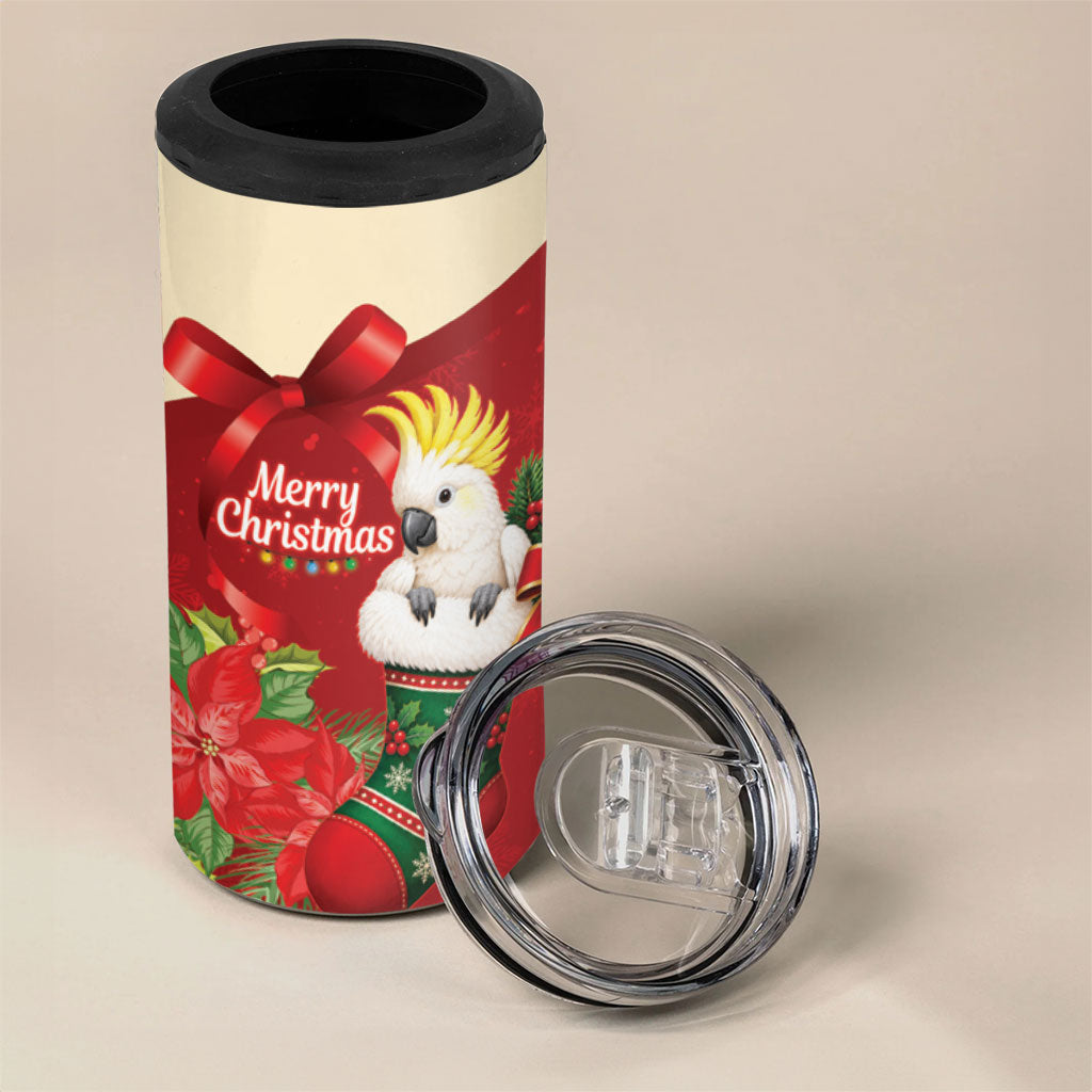 Sulphur-crested Cockatoo Christmas Australia 4 in 1 Can Cooler Tumbler Aussie Xmas Sock Coquette Bow