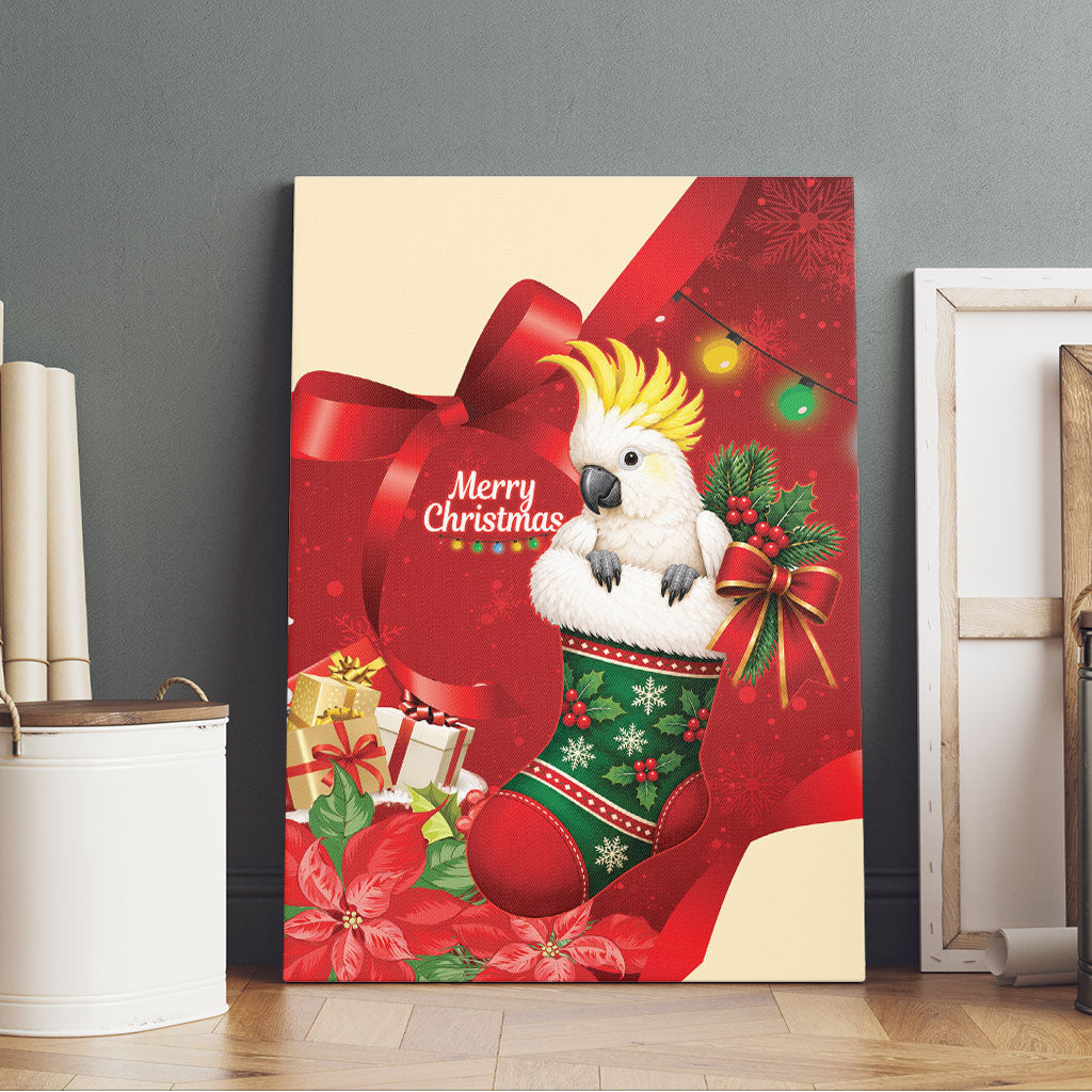 Sulphur-crested Cockatoo Christmas Australia Canvas Wall Art Aussie Xmas Sock Coquette Bow