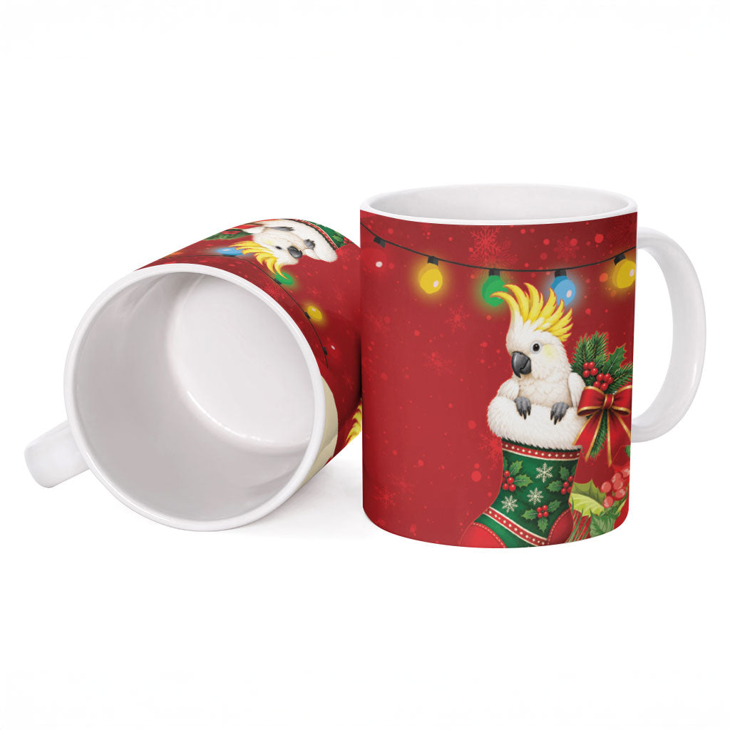 Sulphur-crested Cockatoo Christmas Australia Ceramic Mug Aussie Xmas Sock Coquette Bow