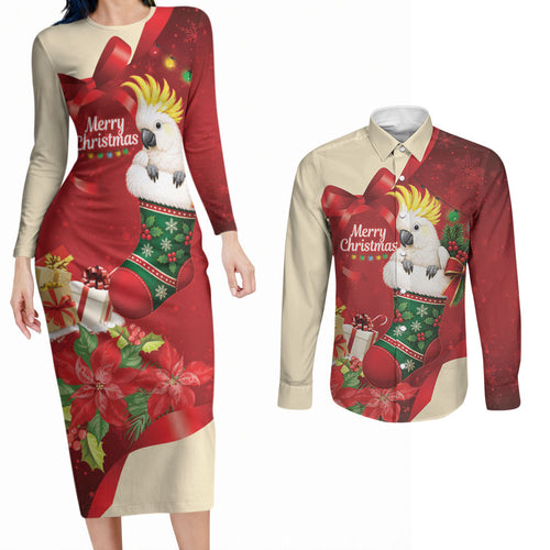 Sulphur-crested Cockatoo Christmas Australia Couples Matching Long Sleeve Bodycon Dress and Long Sleeve Button Shirt Aussie Xmas Sock Coquette Bow
