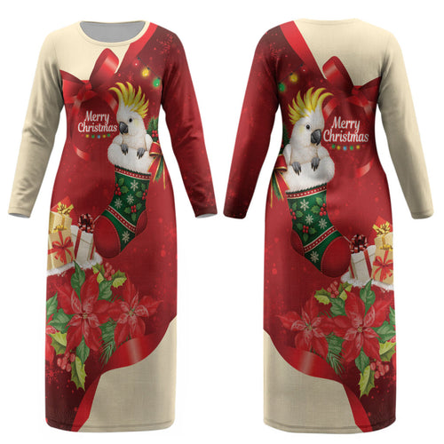 Sulphur-crested Cockatoo Christmas Australia Couples Matching Long Sleeve Bodycon Dress and Long Sleeve Button Shirt Aussie Xmas Sock Coquette Bow