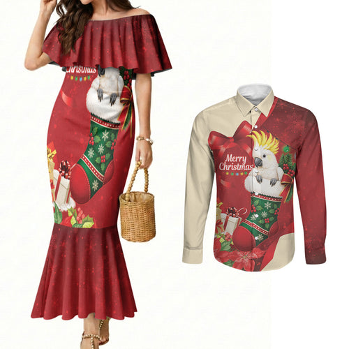 Sulphur-crested Cockatoo Christmas Australia Couples Matching Mermaid Dress and Long Sleeve Button Shirt Aussie Xmas Sock Coquette Bow