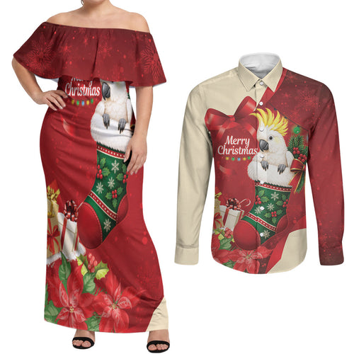 Sulphur-crested Cockatoo Christmas Australia Couples Matching Off Shoulder Maxi Dress and Long Sleeve Button Shirt Aussie Xmas Sock Coquette Bow