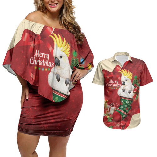 Sulphur-crested Cockatoo Christmas Australia Couples Matching Off Shoulder Short Dress and Hawaiian Shirt Aussie Xmas Sock Coquette Bow