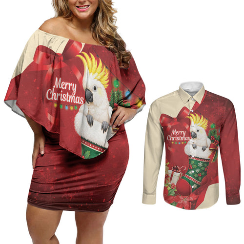 Sulphur-crested Cockatoo Christmas Australia Couples Matching Off Shoulder Short Dress and Long Sleeve Button Shirt Aussie Xmas Sock Coquette Bow