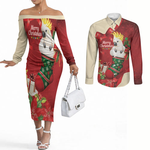 Sulphur-crested Cockatoo Christmas Australia Couples Matching Off The Shoulder Long Sleeve Dress and Long Sleeve Button Shirt Aussie Xmas Sock Coquette Bow