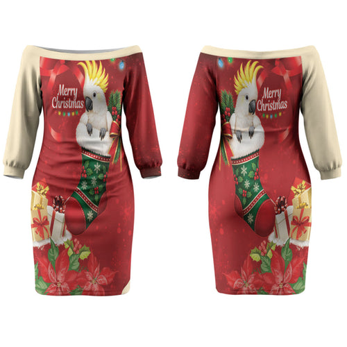 Sulphur-crested Cockatoo Christmas Australia Couples Matching Off The Shoulder Long Sleeve Dress and Long Sleeve Button Shirt Aussie Xmas Sock Coquette Bow