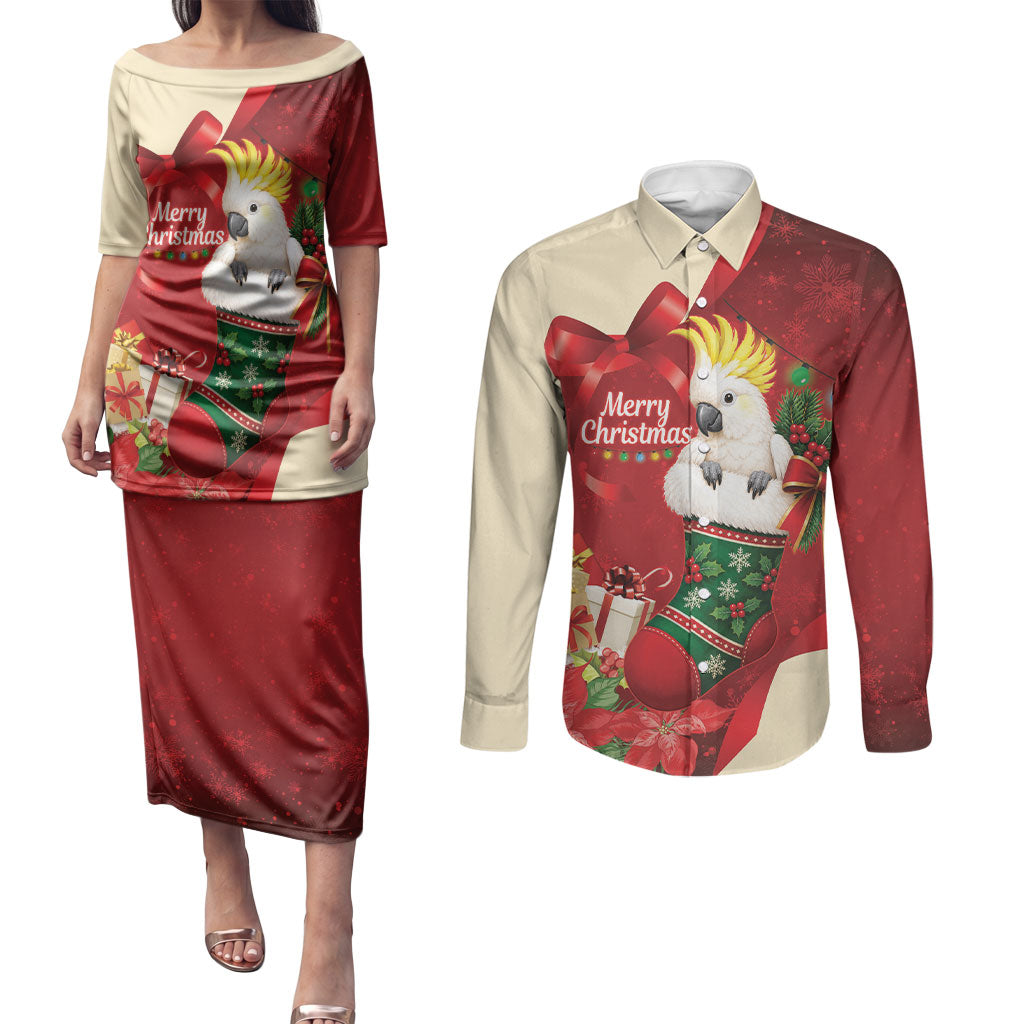 Sulphur-crested Cockatoo Christmas Australia Couples Matching Puletasi and Long Sleeve Button Shirt Aussie Xmas Sock Coquette Bow