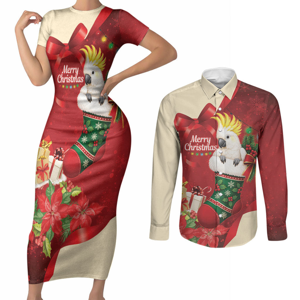 Sulphur-crested Cockatoo Christmas Australia Couples Matching Short Sleeve Bodycon Dress and Long Sleeve Button Shirt Aussie Xmas Sock Coquette Bow
