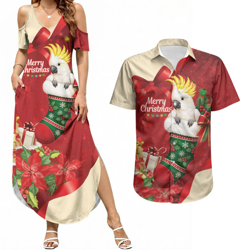 Sulphur-crested Cockatoo Christmas Australia Couples Matching Summer Maxi Dress and Hawaiian Shirt Aussie Xmas Sock Coquette Bow