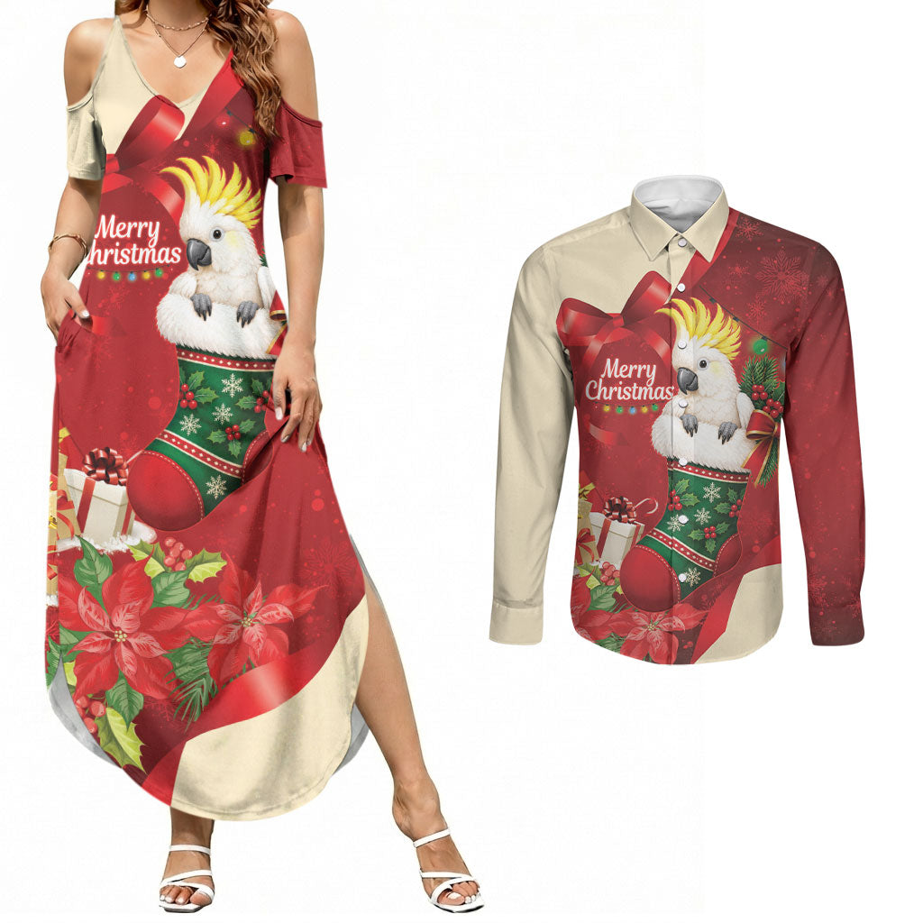 Sulphur-crested Cockatoo Christmas Australia Couples Matching Summer Maxi Dress and Long Sleeve Button Shirt Aussie Xmas Sock Coquette Bow