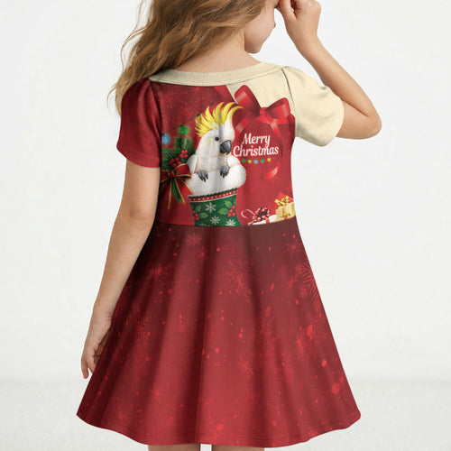 Sulphur-crested Cockatoo Christmas Australia Kid Short Sleeve Dress Aussie Xmas Sock Coquette Bow