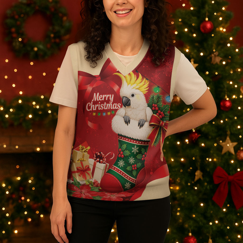 Sulphur-crested Cockatoo Christmas Australia Christmas Knitted V-Neck Vest Aussie Xmas Sock Coquette Bow