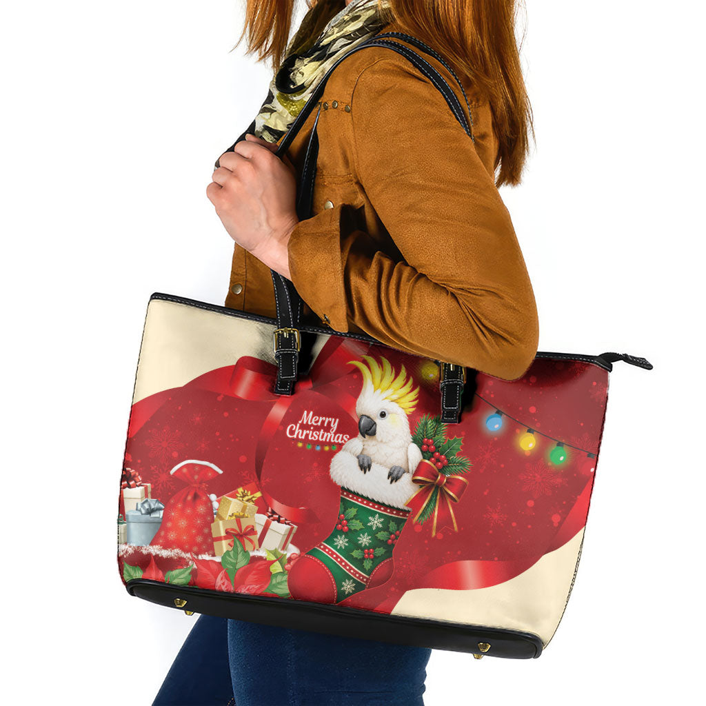 Sulphur-crested Cockatoo Christmas Australia Leather Tote Bag Aussie Xmas Sock Coquette Bow