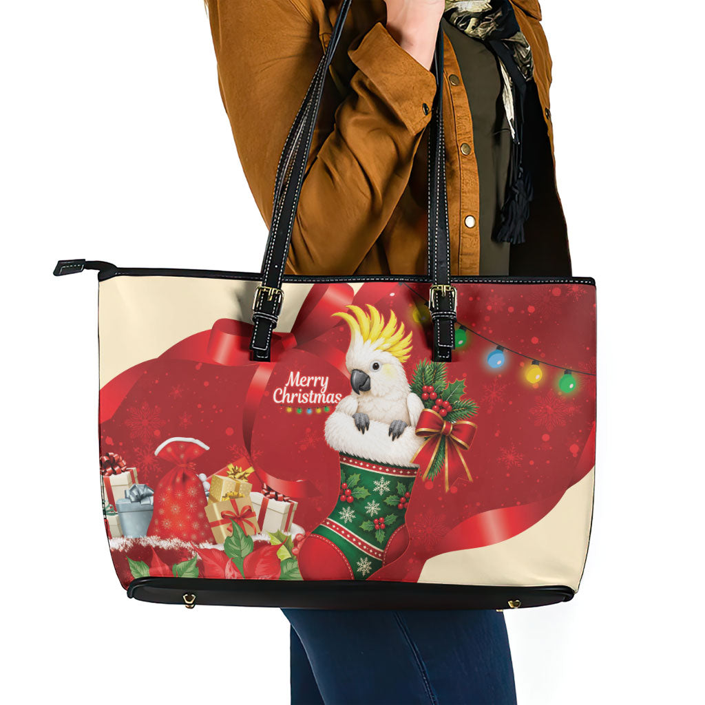 Sulphur-crested Cockatoo Christmas Australia Leather Tote Bag Aussie Xmas Sock Coquette Bow