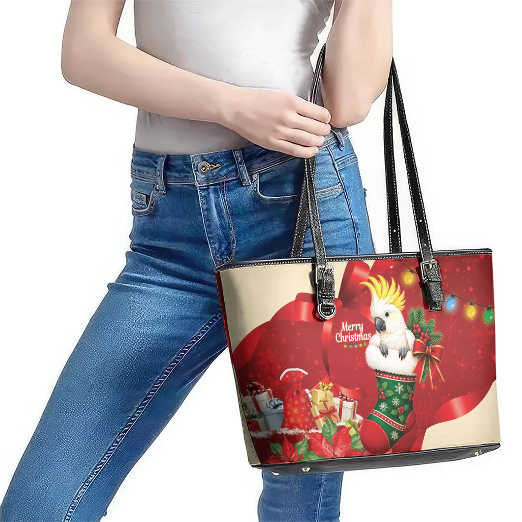 Sulphur-crested Cockatoo Christmas Australia Leather Tote Bag Aussie Xmas Sock Coquette Bow
