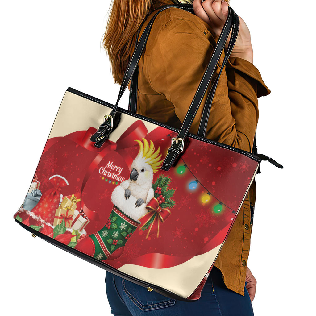 Sulphur-crested Cockatoo Christmas Australia Leather Tote Bag Aussie Xmas Sock Coquette Bow