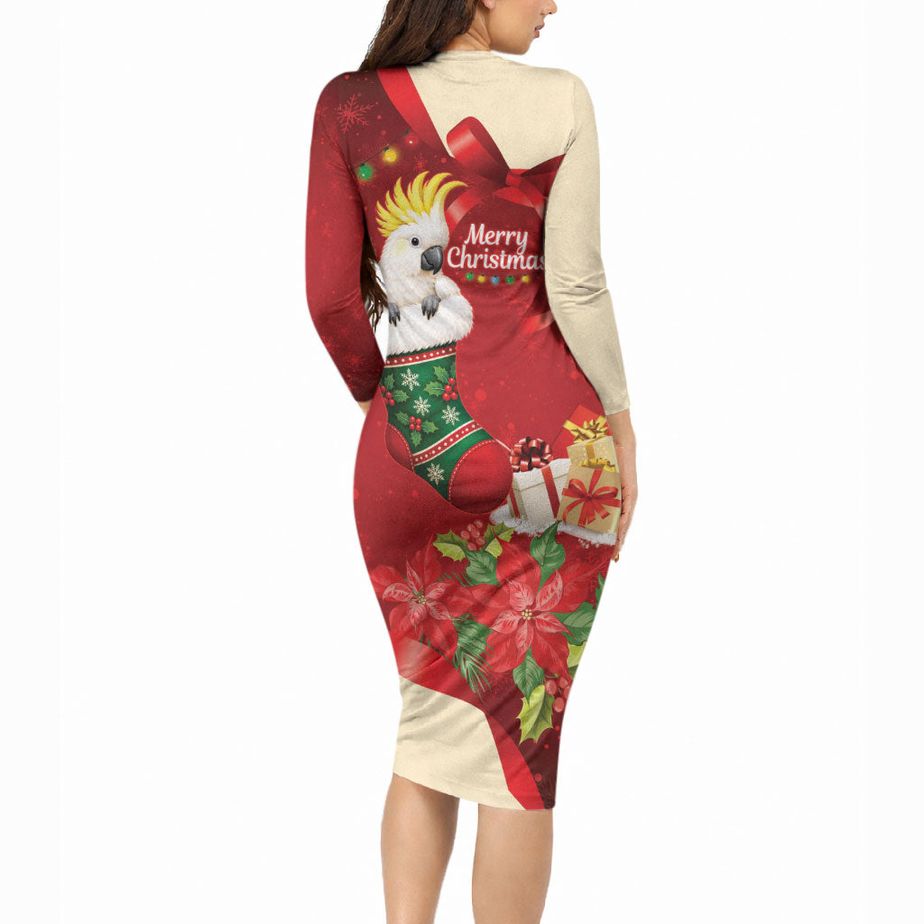 Sulphur-crested Cockatoo Christmas Australia Long Sleeve Bodycon Dress Aussie Xmas Sock Coquette Bow