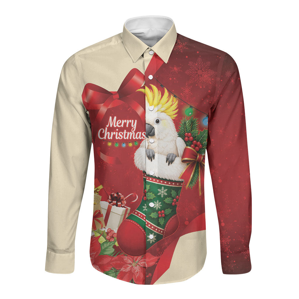 Sulphur-crested Cockatoo Christmas Australia Long Sleeve Button Shirt Aussie Xmas Sock Coquette Bow