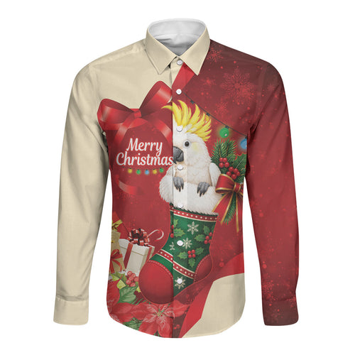 Sulphur-crested Cockatoo Christmas Australia Long Sleeve Button Shirt Aussie Xmas Sock Coquette Bow
