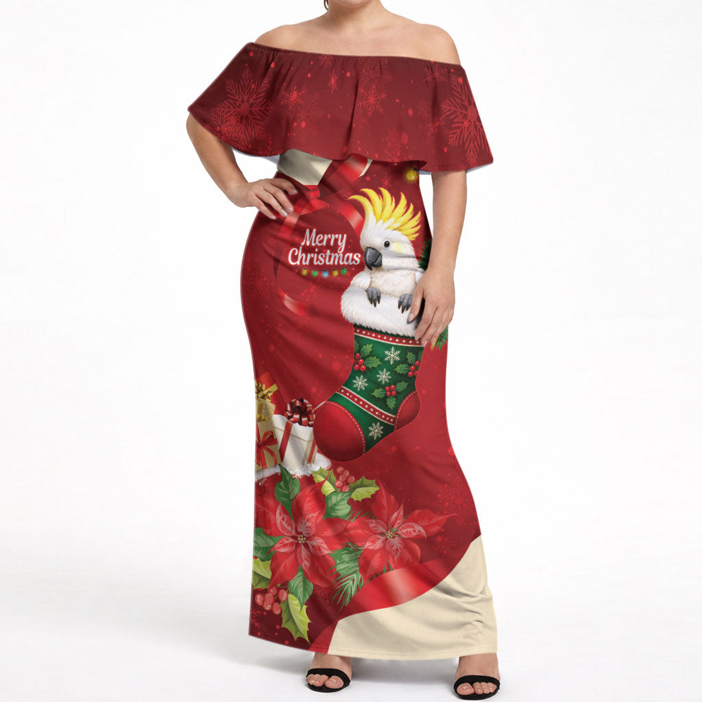Sulphur-crested Cockatoo Christmas Australia Off Shoulder Maxi Dress Aussie Xmas Sock Coquette Bow