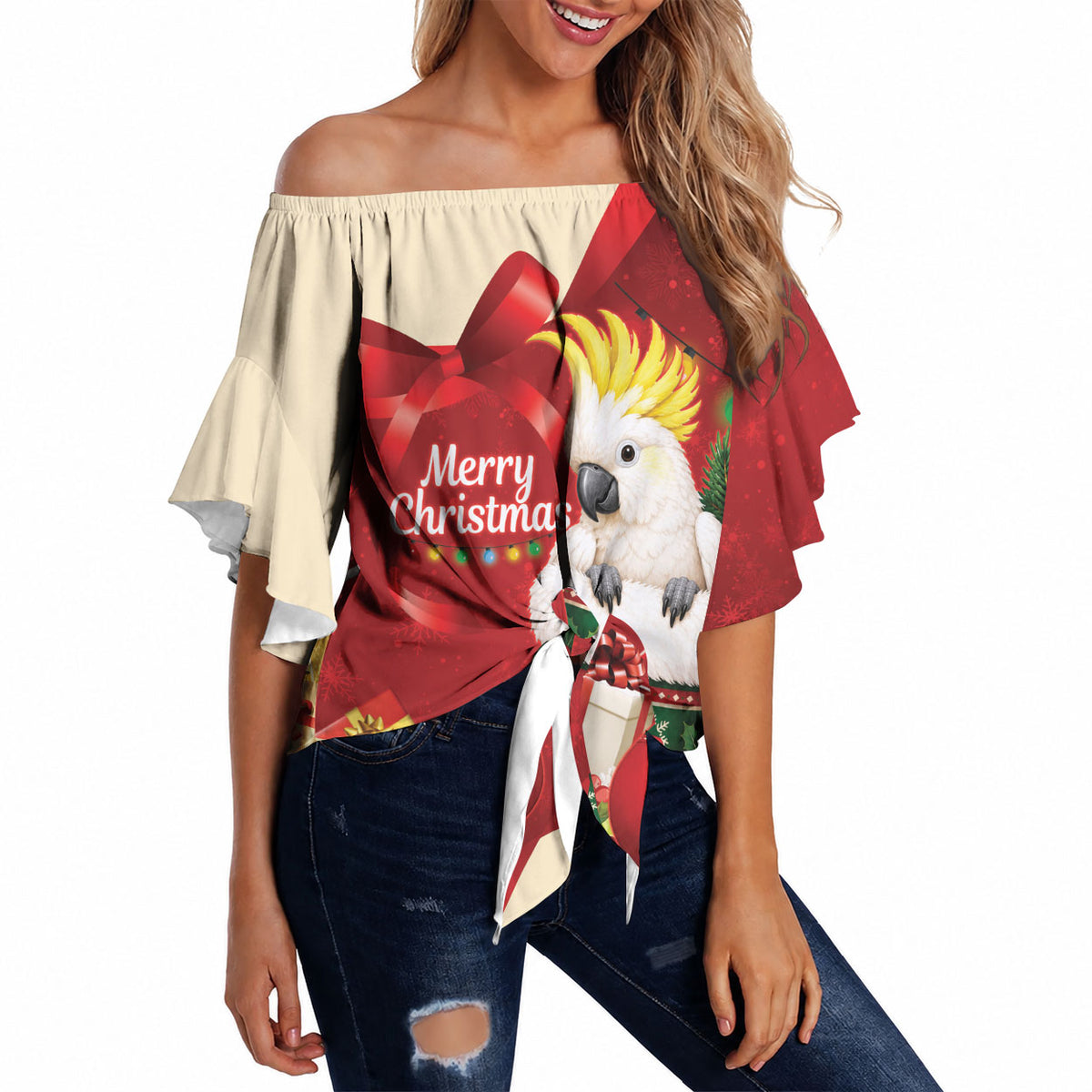 Sulphur-crested Cockatoo Christmas Australia Off Shoulder Wrap Waist Top Aussie Xmas Sock Coquette Bow