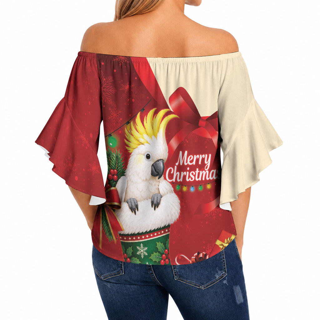 Sulphur-crested Cockatoo Christmas Australia Off Shoulder Wrap Waist Top Aussie Xmas Sock Coquette Bow