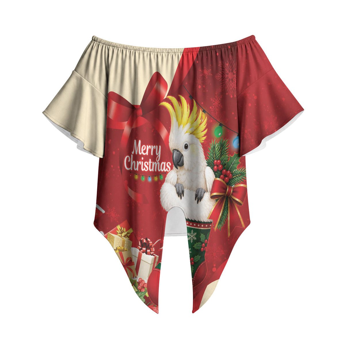 Sulphur-crested Cockatoo Christmas Australia Off Shoulder Wrap Waist Top Aussie Xmas Sock Coquette Bow