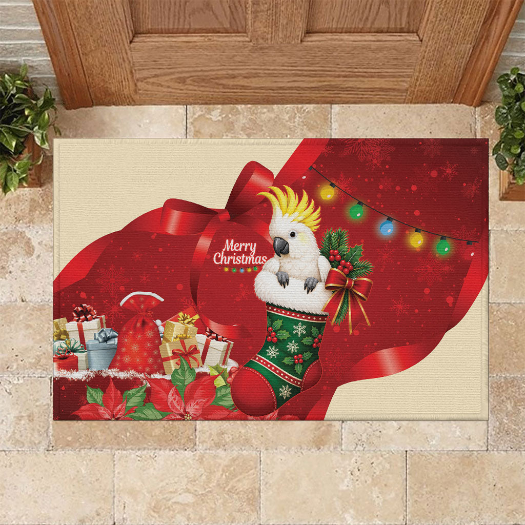 Sulphur-crested Cockatoo Christmas Australia Rubber Doormat Aussie Xmas Sock Coquette Bow