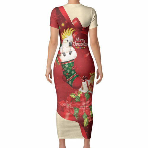 Sulphur-crested Cockatoo Christmas Australia Short Sleeve Bodycon Dress Aussie Xmas Sock Coquette Bow