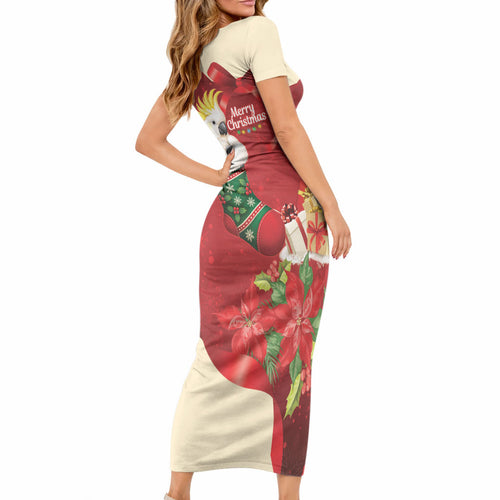Sulphur-crested Cockatoo Christmas Australia Short Sleeve Bodycon Dress Aussie Xmas Sock Coquette Bow