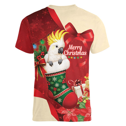 Sulphur-crested Cockatoo Christmas Australia Women V-Neck T-Shirt Aussie Xmas Sock Coquette Bow