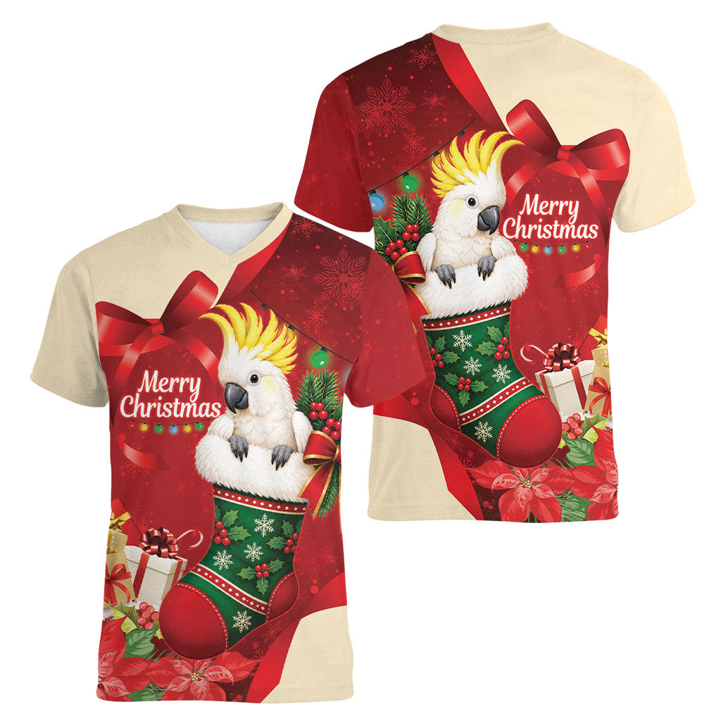 Sulphur-crested Cockatoo Christmas Australia Women V-Neck T-Shirt Aussie Xmas Sock Coquette Bow
