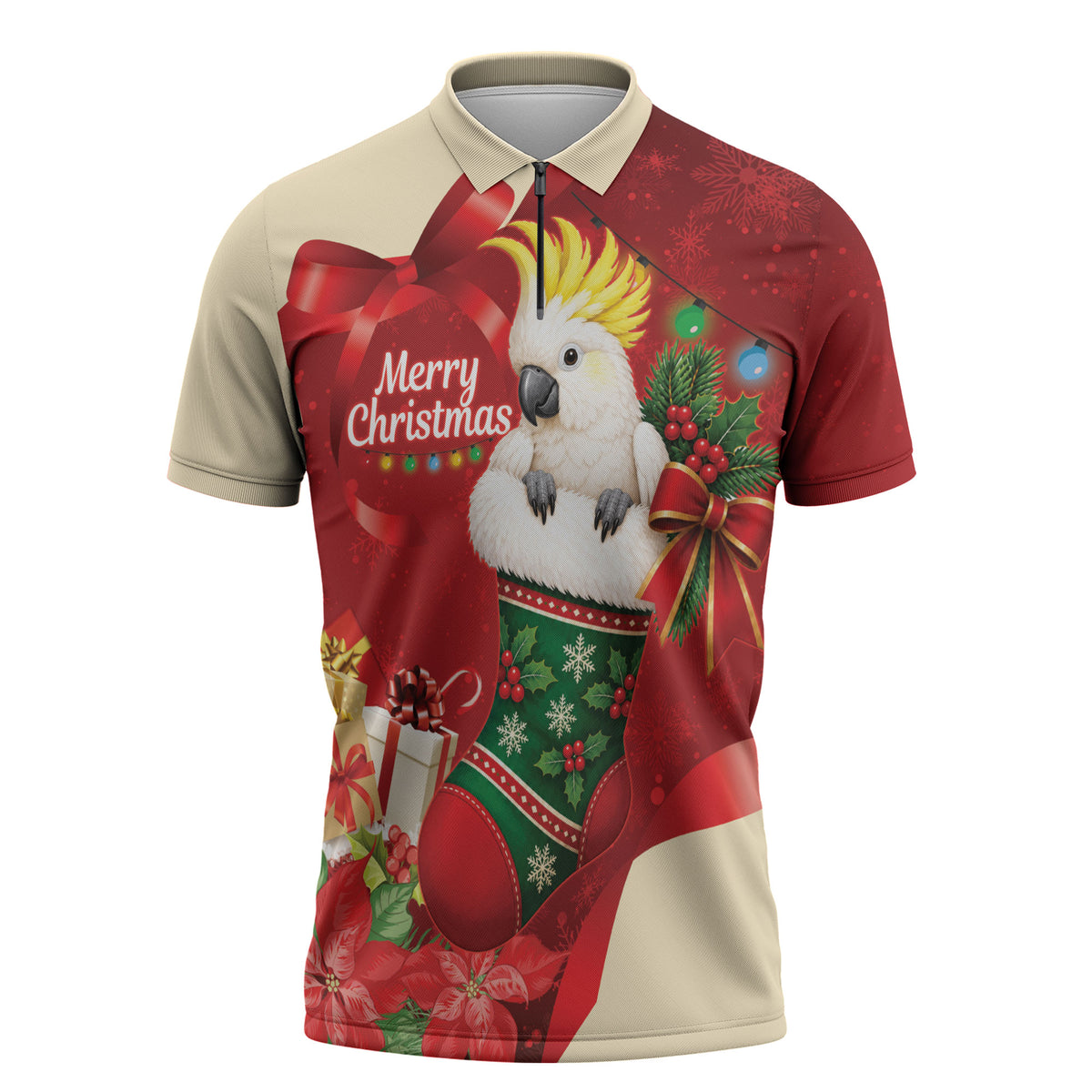 Sulphur-crested Cockatoo Christmas Australia Zipper Polo Shirt Aussie Xmas Sock Coquette Bow