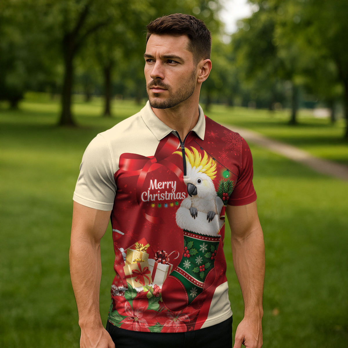 Sulphur-crested Cockatoo Christmas Australia Zipper Polo Shirt Aussie Xmas Sock Coquette Bow
