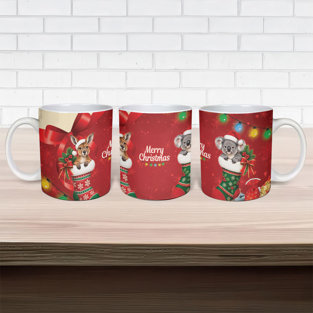 Kangaroo Koala Cockatoo Christmas Australia Ceramic Mug Aussie Xmas Sock Coquette Bow