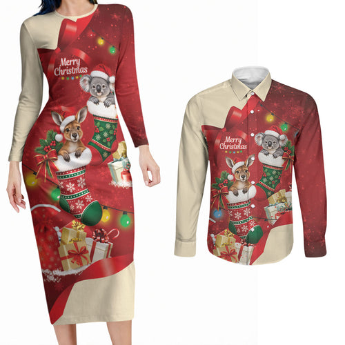Kangaroo Koala Cockatoo Christmas Australia Couples Matching Long Sleeve Bodycon Dress and Long Sleeve Button Shirt Aussie Xmas Sock Coquette Bow