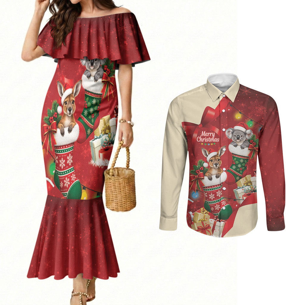 Kangaroo Koala Cockatoo Christmas Australia Couples Matching Mermaid Dress and Long Sleeve Button Shirt Aussie Xmas Sock Coquette Bow