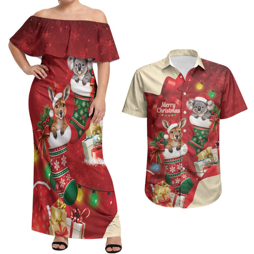 Kangaroo Koala Cockatoo Christmas Australia Couples Matching Off Shoulder Maxi Dress and Hawaiian Shirt Aussie Xmas Sock Coquette Bow