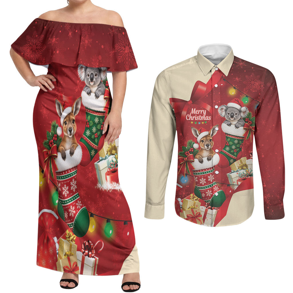 Kangaroo Koala Cockatoo Christmas Australia Couples Matching Off Shoulder Maxi Dress and Long Sleeve Button Shirt Aussie Xmas Sock Coquette Bow