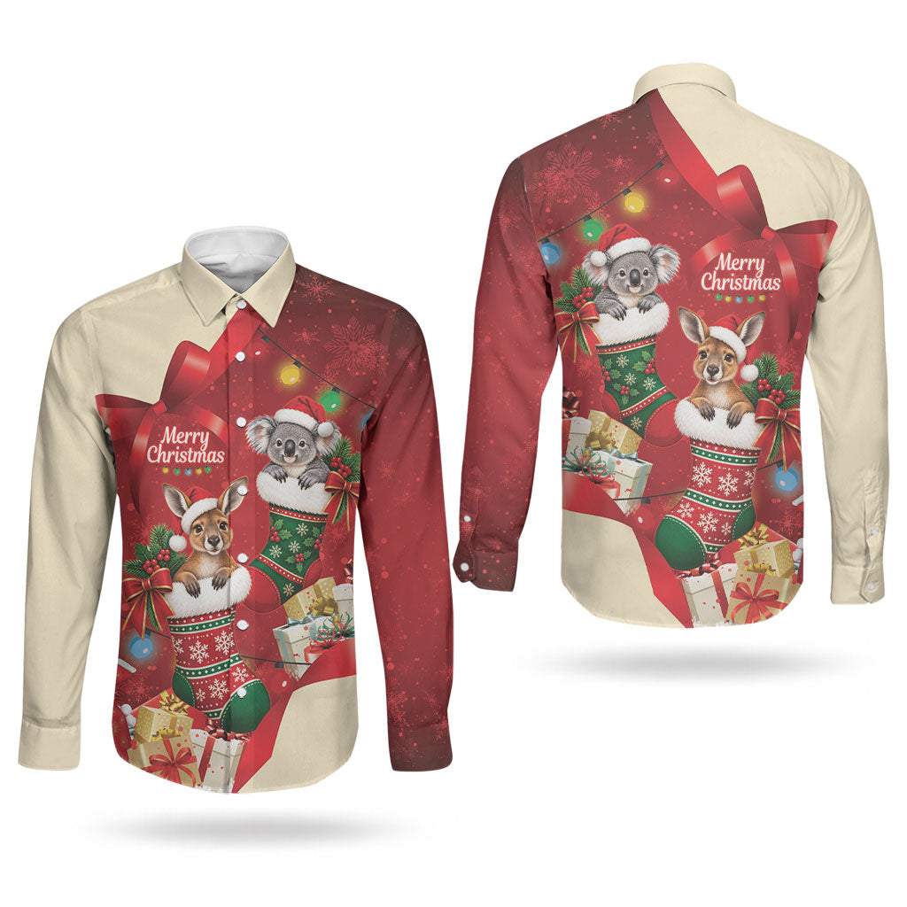 Kangaroo Koala Cockatoo Christmas Australia Couples Matching Off Shoulder Maxi Dress and Long Sleeve Button Shirt Aussie Xmas Sock Coquette Bow