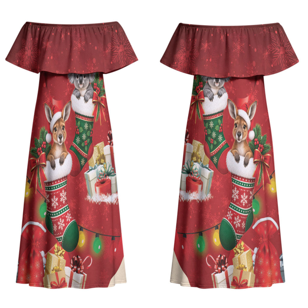 Kangaroo Koala Cockatoo Christmas Australia Couples Matching Off Shoulder Maxi Dress and Long Sleeve Button Shirt Aussie Xmas Sock Coquette Bow