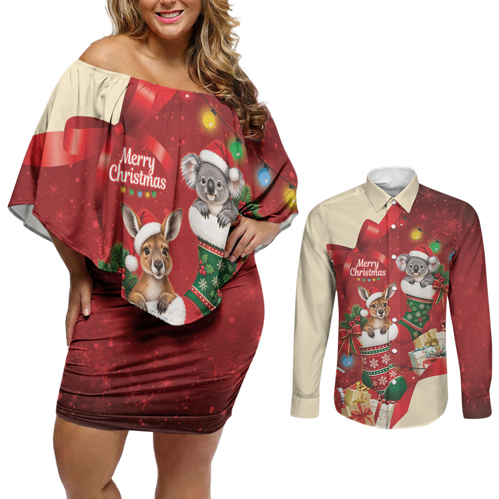 Kangaroo Koala Cockatoo Christmas Australia Couples Matching Off Shoulder Short Dress and Long Sleeve Button Shirt Aussie Xmas Sock Coquette Bow