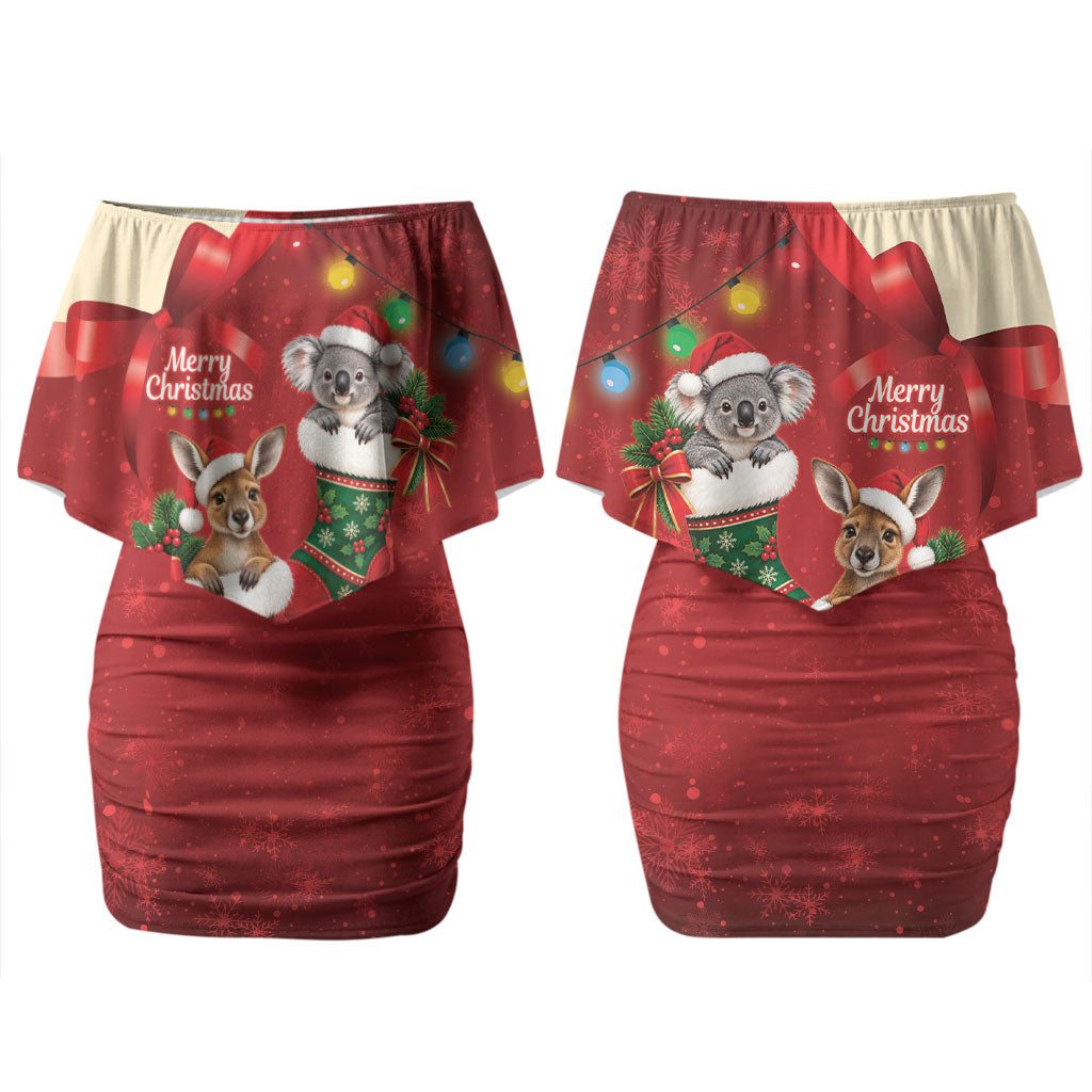 Kangaroo Koala Cockatoo Christmas Australia Couples Matching Off Shoulder Short Dress and Long Sleeve Button Shirt Aussie Xmas Sock Coquette Bow