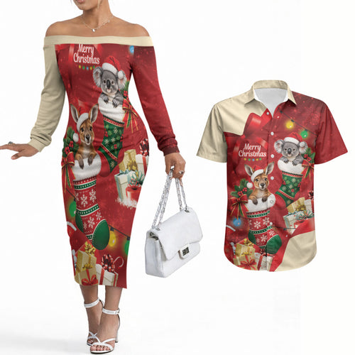 Kangaroo Koala Cockatoo Christmas Australia Couples Matching Off The Shoulder Long Sleeve Dress and Hawaiian Shirt Aussie Xmas Sock Coquette Bow