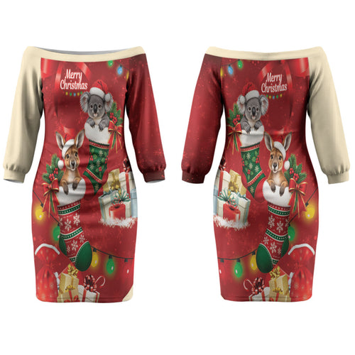 Kangaroo Koala Cockatoo Christmas Australia Couples Matching Off The Shoulder Long Sleeve Dress and Hawaiian Shirt Aussie Xmas Sock Coquette Bow