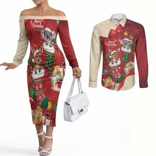 Kangaroo Koala Cockatoo Christmas Australia Couples Matching Off The Shoulder Long Sleeve Dress and Long Sleeve Button Shirt Aussie Xmas Sock Coquette Bow