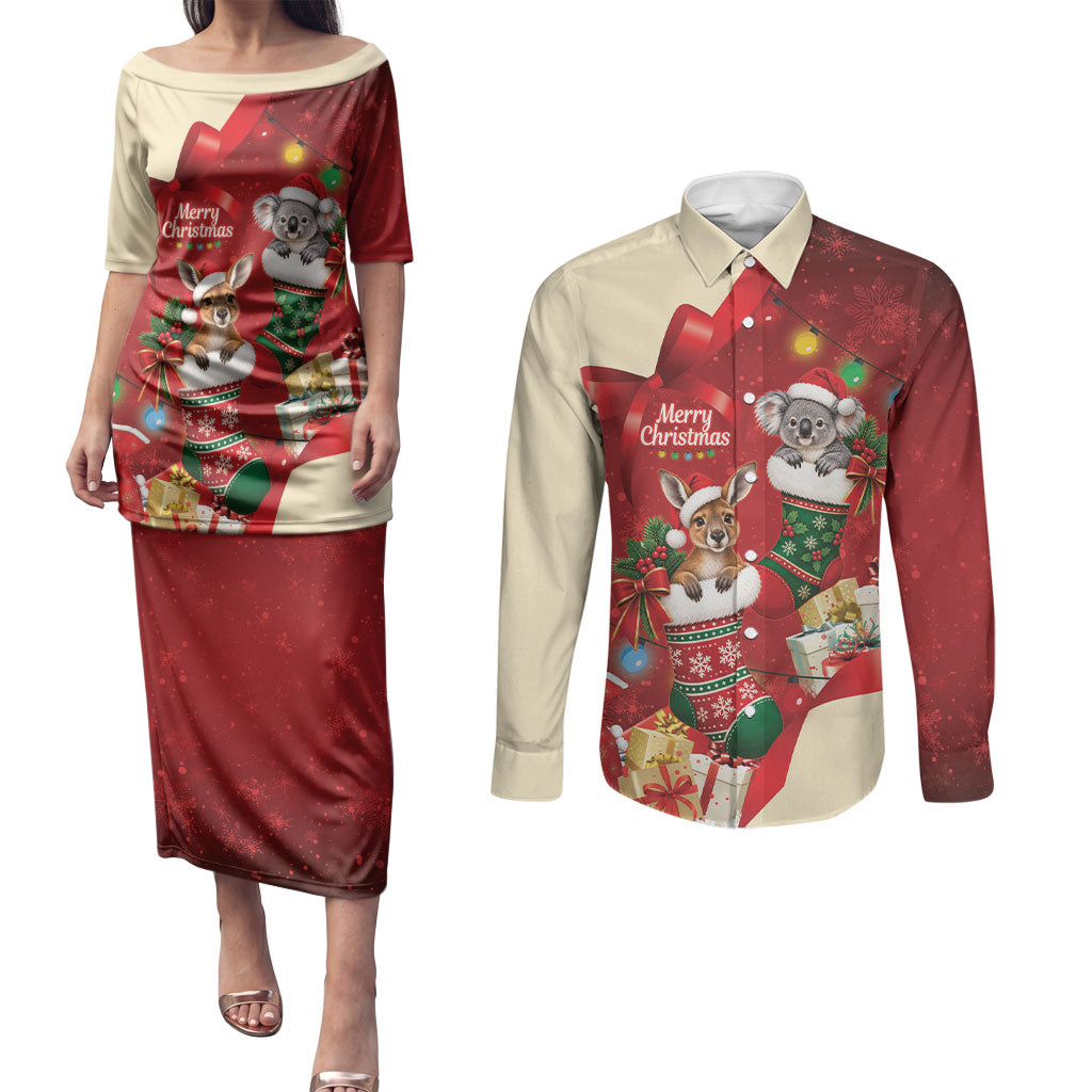 Kangaroo Koala Cockatoo Christmas Australia Couples Matching Puletasi and Long Sleeve Button Shirt Aussie Xmas Sock Coquette Bow