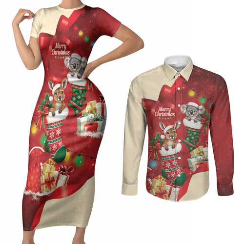 Kangaroo Koala Cockatoo Christmas Australia Couples Matching Short Sleeve Bodycon Dress and Long Sleeve Button Shirt Aussie Xmas Sock Coquette Bow